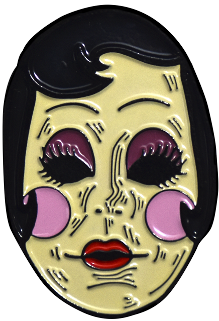 Enamel pin. Illustration of The Strangers Prey at Night Pin up Girl. Short black hair with curl on right side of forehead and at cheeks. Thin penciled eyebrows, large empty black eyes with spiky eyelashes, purple eyeshadow, small round red lips. Pink circles on cheeks.