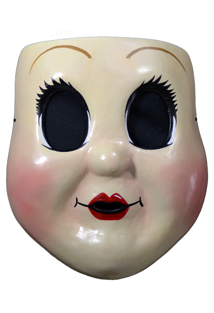 Plastic face mask, front view. Dollface, large empty black eyes with spiky eyelashes. Thin brown eyebrows. Freckles on nose and cheeks, smiling mouth with small red lips. Plump pink cheeks.