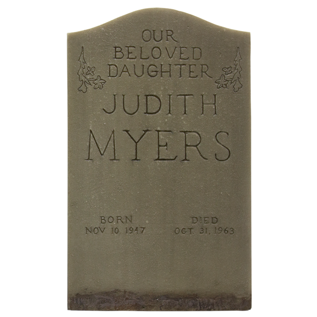 Halloween 1/6 scale figure accessory, Gray tombstone, text reads, Our Beloved Daughter, Judith Myers, Born Nov 10 1947, Died Oct 31 1963.