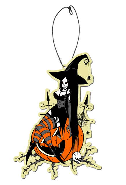 Air freshener.  Illustration of sexy witch wearing large hat with spider hanging from curly point, sitting on orange jack o' lantern, wrought iron fence in background, small white skull at bottom.