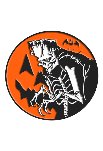 Enamel pin.  Orange circle jack o' lantern background with skeletal Frankenstein-like monster from waist up in foreground.