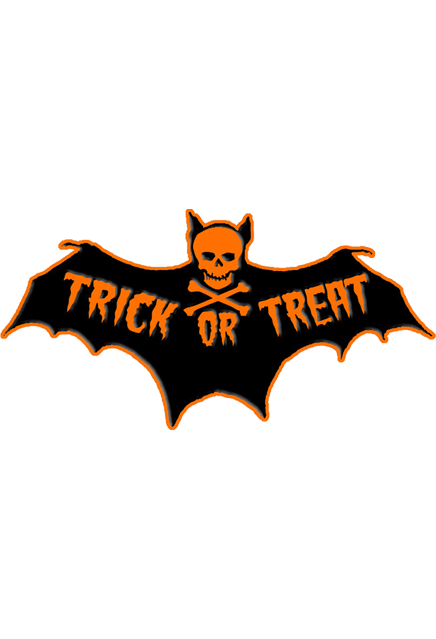 Enamel pin.  Black bat, orange outline, skull and crossbones for face, orange text reads Trick or Treat.