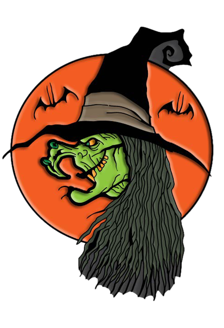 Enamel pin.  Orange circle background with bat silhouettes, Green creepy witch left side profile, black hat with curly point, long black hair.