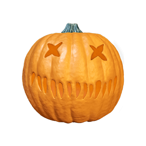 Light up pumpkin prop, front view. Orange jack o' lantern face. Two x eyes, several straight hash marks for the mouth.