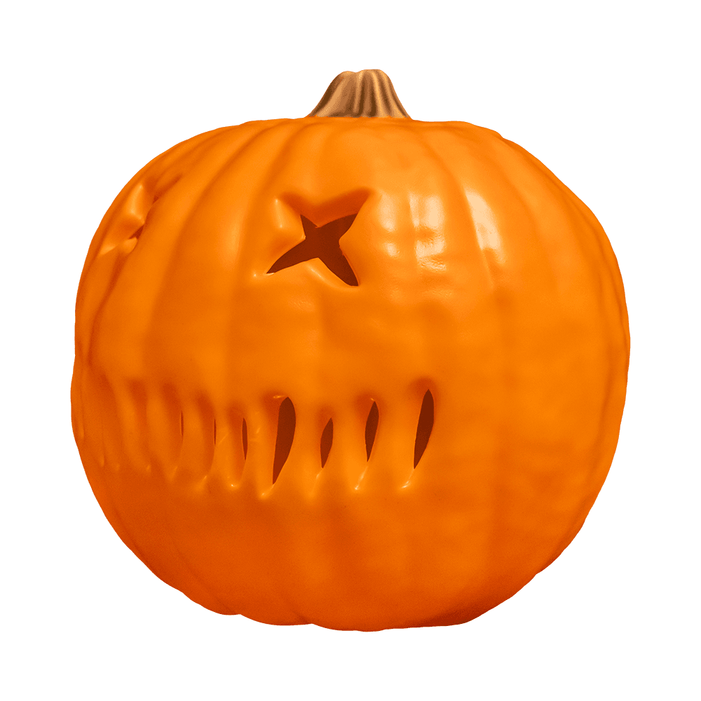 Light up pumpkin prop, left view. Orange jack o' lantern face. Two x eyes, several straight hash marks for the mouth.