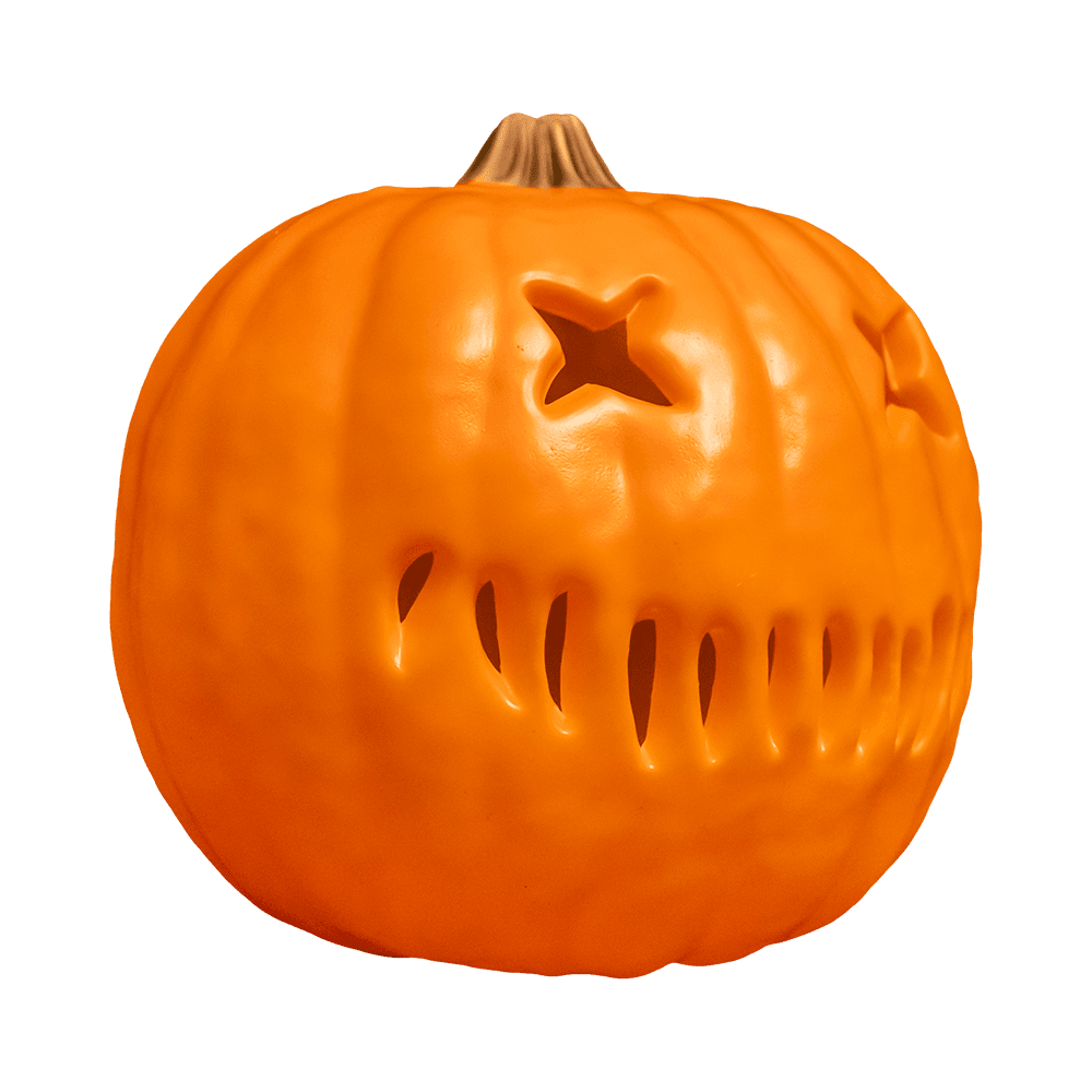 Light up pumpkin prop, right view. Orange jack o' lantern face. Two x eyes, several straight hash marks for the mouth.