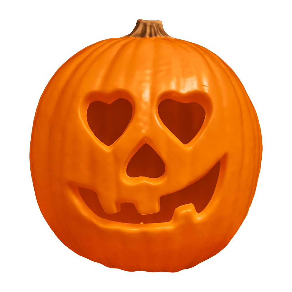 Front view. Halloween 2018, plastic, orange light up pumpkin prop, jack o' lantern face with heart-shaped eyes, lit tealight.