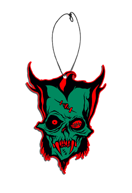 Air freshener.  Wereghoul face, red outline, Green skeletal face, outlined in black, with tall pointed ears, red stitches across forehead, red eyes, left eye stitched shut, sharp cheekbones, red teeth with 2 red fangs. shut, skull-like nose, 