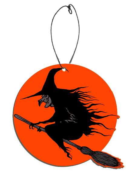 Air freshener.  Orange circle background, Black and white witch riding a broom.
