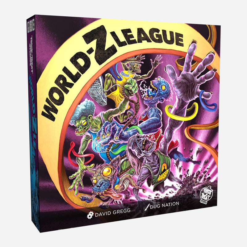 Product packaging, front.  Black box, colorful illustration of cartoonish zombies, purple background.  Text in yellow banner reads World Z League.  white text at bottom reads David Gregg, Dug Nation.  White Trick or Treat Studios logo.