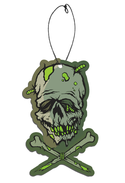 Air freshener.  Gray skull-like face, drooping.  Green worms coming from head and right eye, green teeth.  Above two crossed bones, tied at cross with green rope.