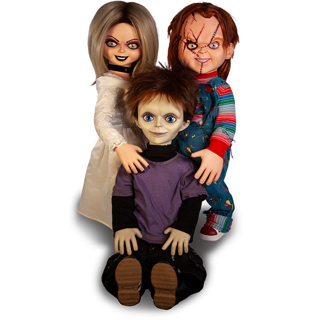 Seed of Chucky doll collection. Back left, Tiffany. Back right, Chucky. Sitting front, Glen.