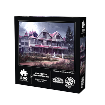 Puzzle box, back. Illustration of large White House, red roofs, overgrown gardens and white statues.  White text at bottom reads 500 piece puzzle, Winchester Mystery House, illustration by Vlad Mel, Finished puzzle size 18" x 24", Winchester Mystery House.  white trick or Treat Studios logo at bottom right.