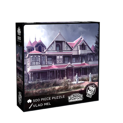 Puzzle box, front. Illustration of large White House, red roofs, overgrown gardens and white statues.  White text at bottom reads 500 piece puzzle, Vlad Mel, Winchester Mystery House.  white trick or Treat Studios logo at bottom right.