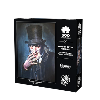 product box, back.  illustration of a man in a black top hat, long gray hair, pale wrinkled skin, red circles around eyes, mouth open in a grin, right hand at mouth fingers on bottom lip. wearing a black overcoat, black and gray background. white text below reads finished puzzle size 18" x 24", text at right reads 500 piece puzzle, London After Midnight, illustration by Terry Wolfinger, Chaney Entertainment .  white trick or Treat Studios logo bottom right 