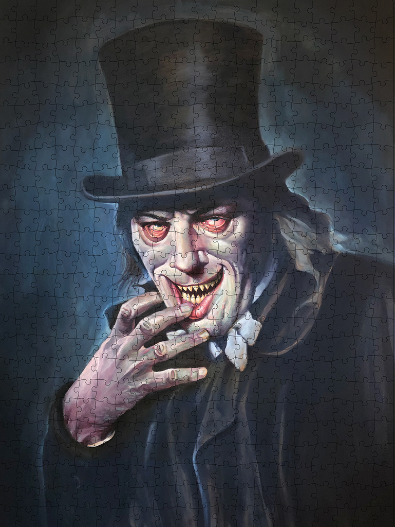 Assembled puzzle. illustration of a man in a black top hat, long gray hair, pale wrinkled skin, red circles around eyes, mouth open in a grin, right hand at mouth, fingers on bottom lip. wearing a black overcoat, black and gray background. 
