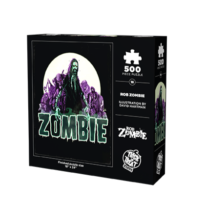 Puzzle box, back. Illustration of full puzzle, Full moon, black sky, purple zombies behind Rob Zombie Long dark hair pale green skin, red x on forehead, mustache and beard, wearing a black shirt bandages on arms. white outlined black lettering reads zombie.  White text at bottom reads finished puzzle size 18" x 24".  at right White text reads 500 piece puzzle, Rob Zombie, illustration by David Hartman, Rob Zombie.  white trick or Treat Studios logo at bottom right.