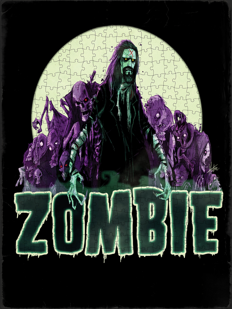 assembled Puzzle. Illustration, Full moon, black sky, purple zombies behind Rob Zombie Long dark hair pale green skin, red x on forehead, mustache and beard, wearing a black shirt bandages on arms. white outlined black lettering reads zombie.  