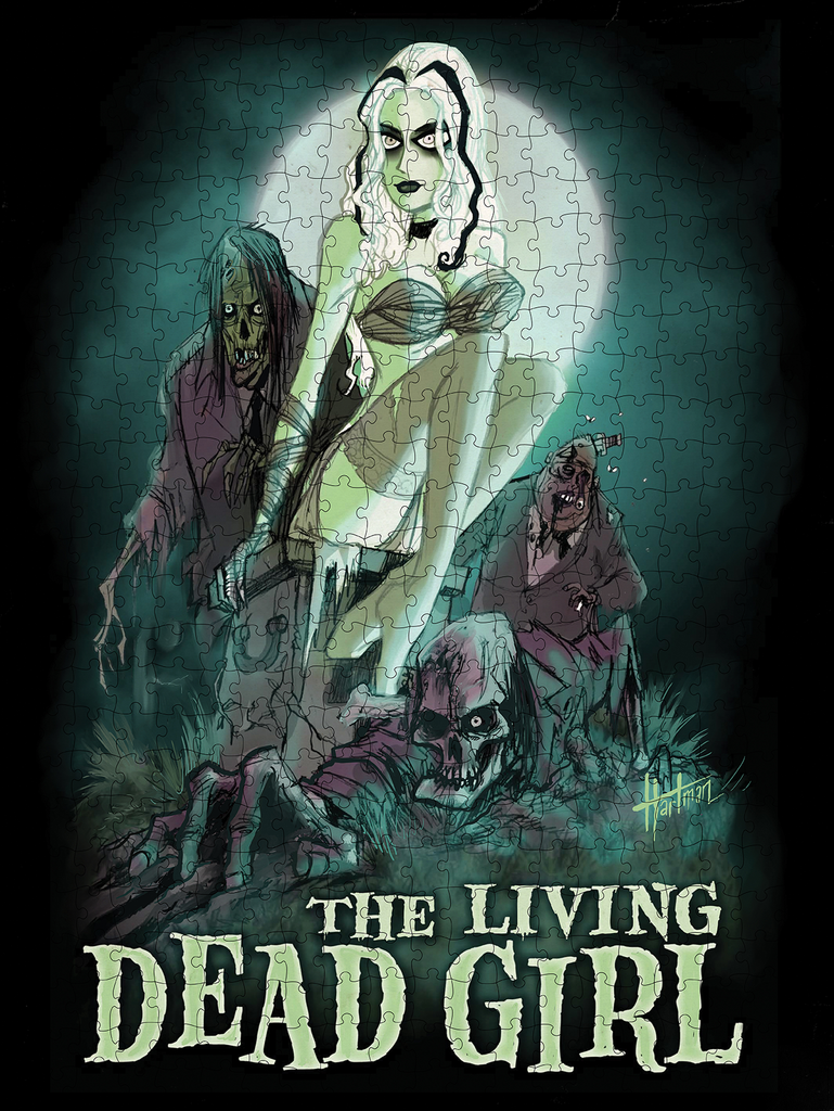 assembled puzzle. Illustration, background full moon, gray and black sky. woman, pale green skin, white hair with 2 black stripes, gauze bra and wrap on arms, thigh high stockings, sitting on casket, 2 zombies behind her, 1 coming out of the ground in front, white lettering reads The Living Dead Girl. 