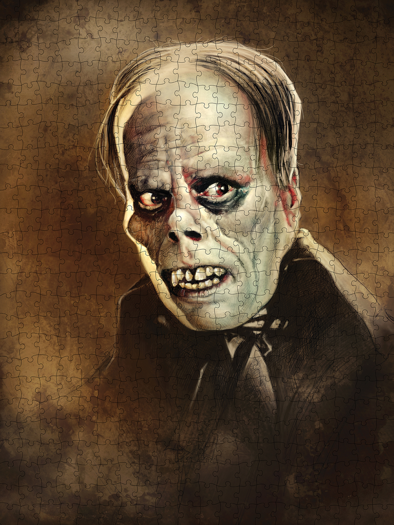 assembled puzzle.  illustration of the phantom of the opera. Dark gray hair, pale wrinkled skin on face and neck, dark circles around eyes, snub nose, mouth grimacing, prominent dark gums and large yellowed teeth.  