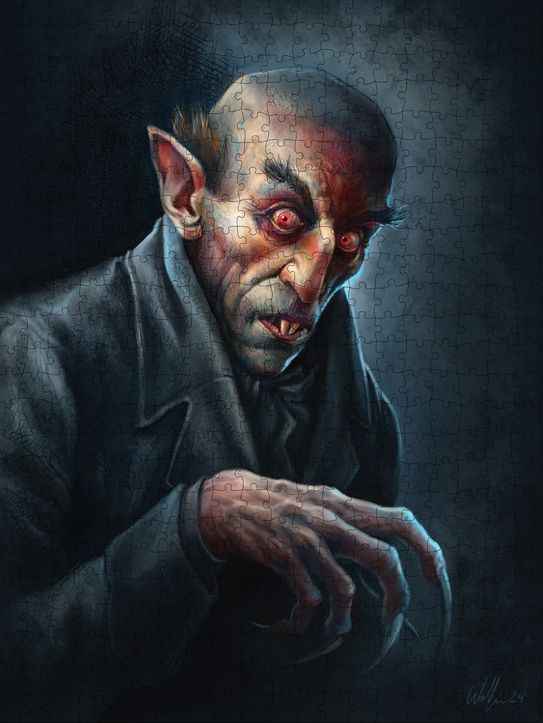 assembled puzzle -  Illustration of Nosferatu vampire, head and shoulders, black and white background, balding with brown hair above very pointed ears, bushy black eyebrows above black-rimmed red eyes, mouth slightly open showing two sharp front teeth. Wearing black shirt under black overcoat, right hand curled in claw position at chest