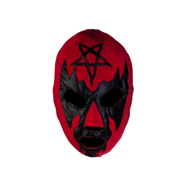 Black Satan Mask. Red with black designs sewn on, inverted pentacle on top of head.