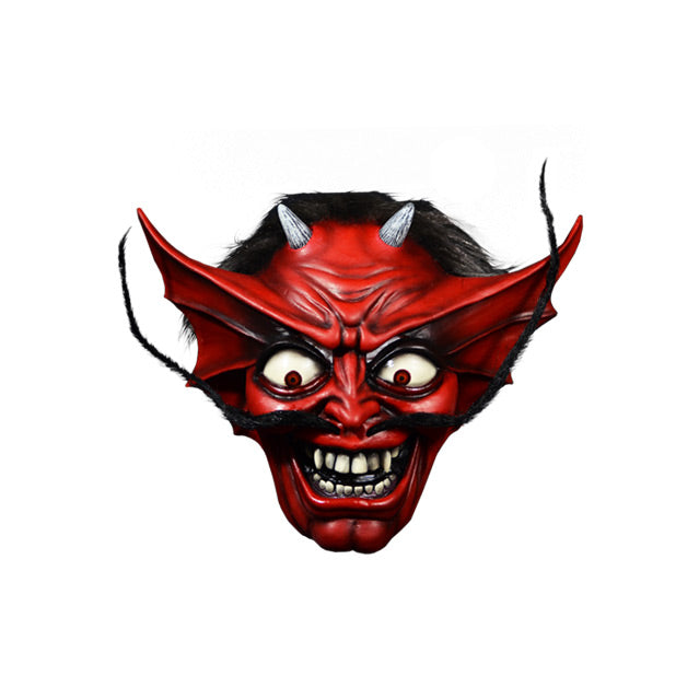 Mask, front view. Red devil face, black and gray hair, white horns, large red ears, white eyes with red irises, long upturned black moustache, menacing smile with large white teeth, cleft chin.