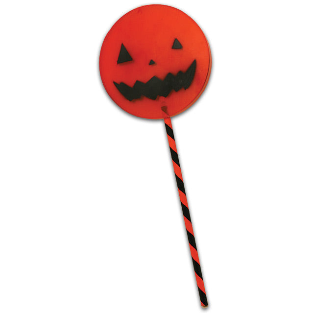 Lollipop prop. Orange, circle, jack o' lantern face with black and orange striped stick.