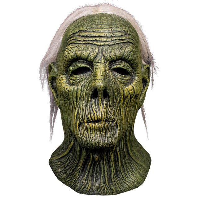 Mask, head and neck.  Green wrinkled skin, white hair.