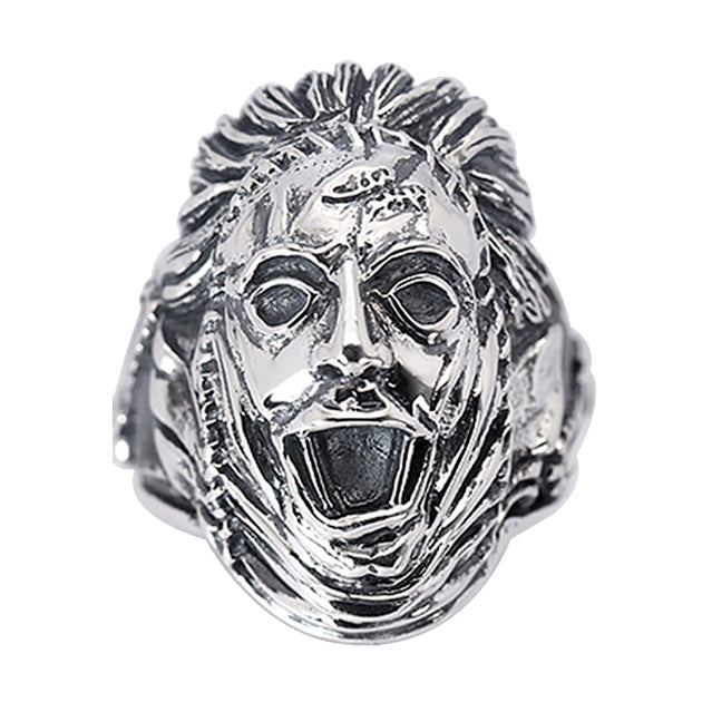 Leatherface, sterling silver ring, front view.