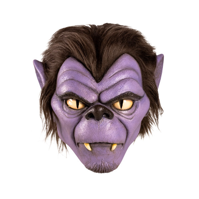 Mask front view.  Cartoon Wolfman face.  Brown hair, purple skin, brown eyebrows and nose, pointed ears, fangs.