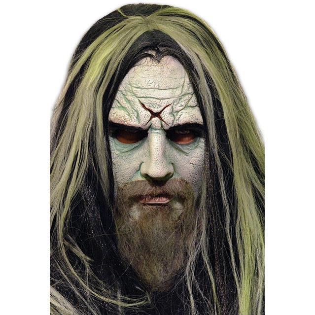 Rob Zombie mask.  White skin, X carved in forehead, long, straight black and blond hair, moustache and beard.