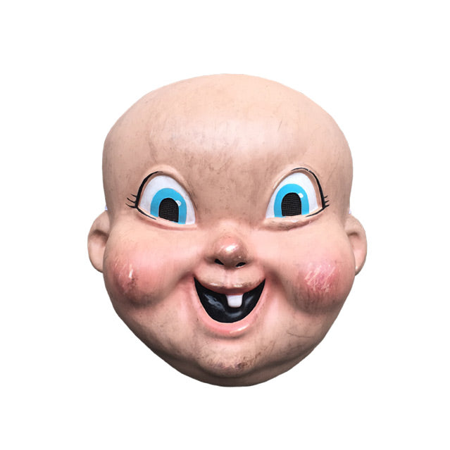 Plastic mask, front view. Bald, pink baby-like dirty face, large cartoonish blue eyes, mouth smiling with one tooth.