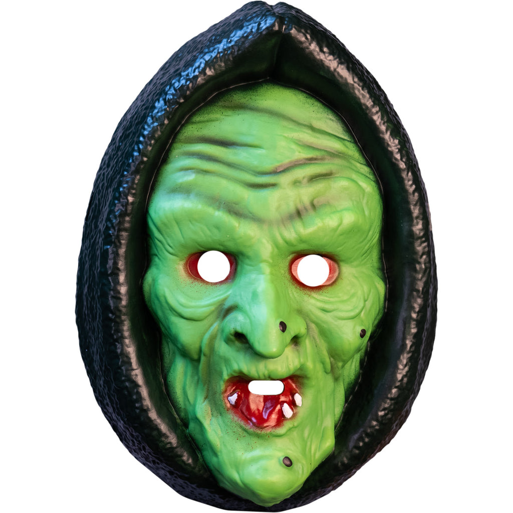 Front view, plastic witch face mask.  Green face with warts, red mouth, black hood.