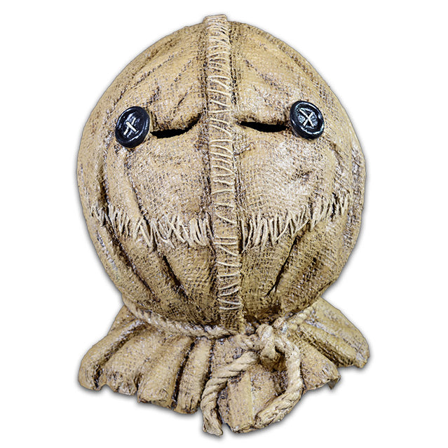 Mask, head and neck. Trick r' treat Sam, burlap face, black button eyes, stitches for mouth, rope tied at neck.