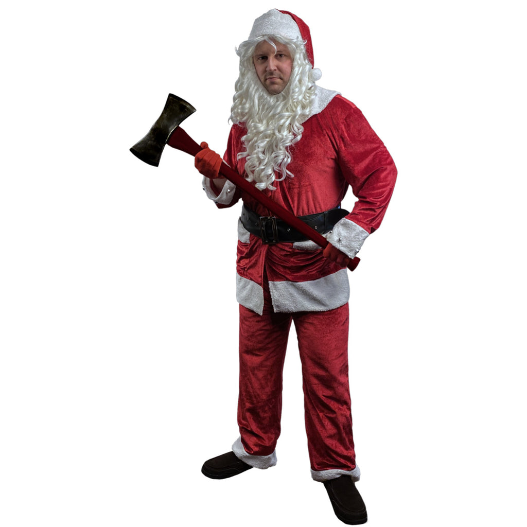 Person wearing Santa costume, red with white trim.  White Santa beard. Red gloves. Holding double headed axe.