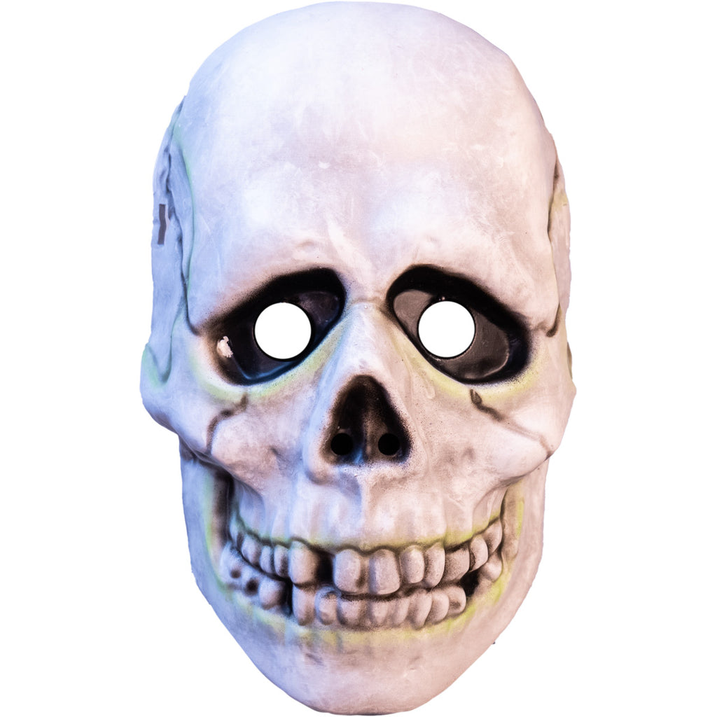 Plastic skull face mask, front view. White skull face. black shading.