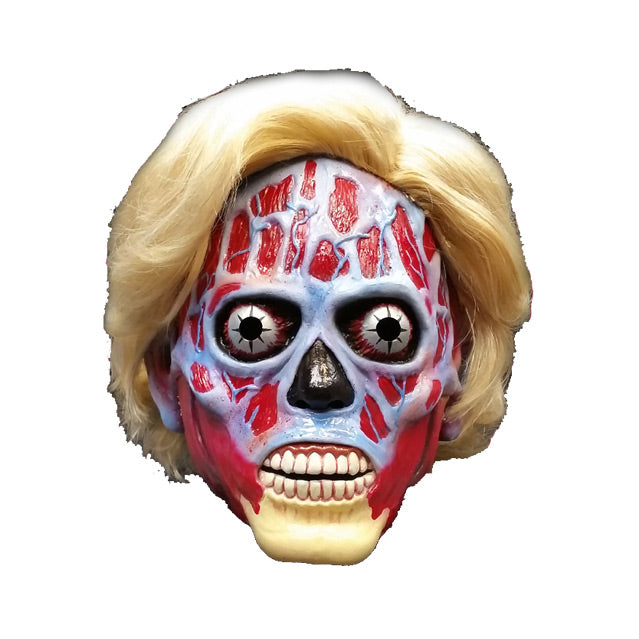 Mask, front view.  They live Female Alien face. Blond hair, blue and red skull like face, Bulging silver eyes. Black nose, mouth open, exposed pink gums, teeth and bony chin.