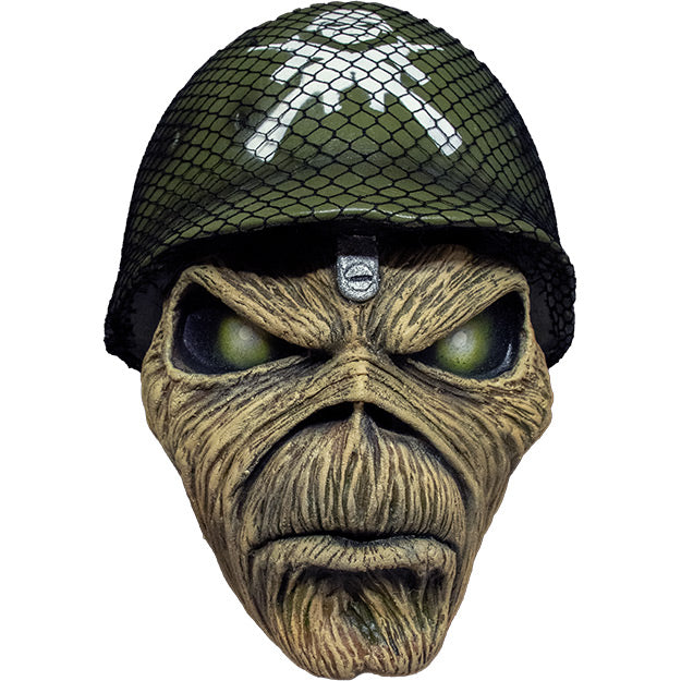 Mask, front view.  Iron Maiden Eddie, green eyes, wearing green military helmet.