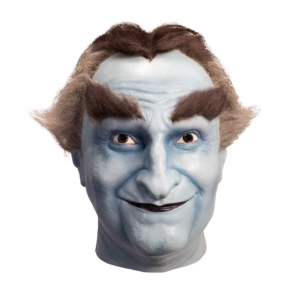 Mask, head and neck, front view.  Grandpa Munster, white-blue skin, wrinkled forehead.  Brown and gray hair on head, bushy brown eyebrows, brown eyes.  Mouth closed, smiling, black lips.
