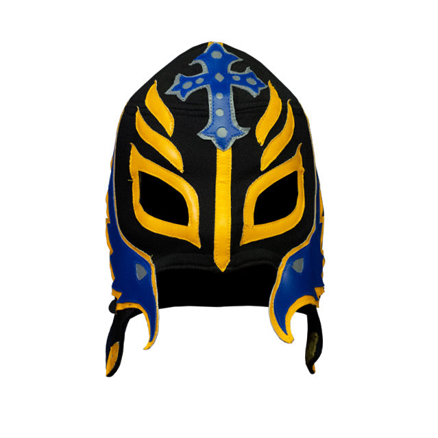 Front view. Black cloth mask with blue and yellow sewn on embellishments.  