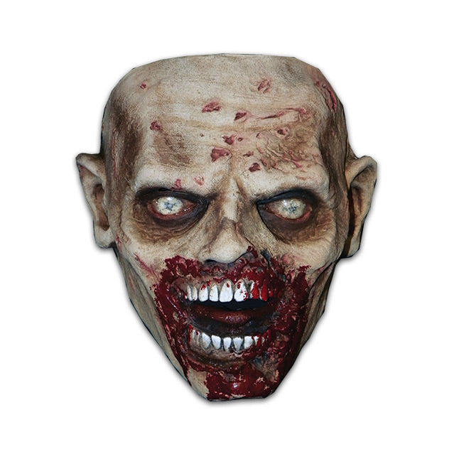 Face mask.  Pale tan skin, dark circles around white and blue zombie eyes.  Crooked nose.  Bloody around wide-open mouth, showing bloody teeth, brown gums and dark red tongue.
