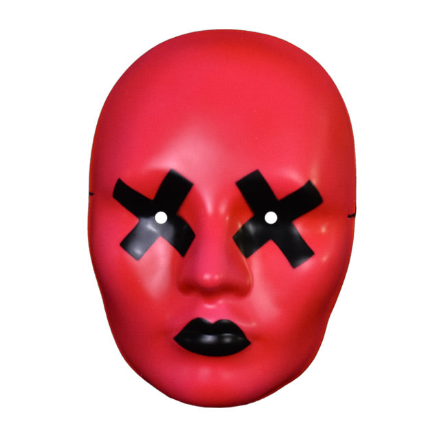 Vacuform plastic mask. Front view.  Dark pink face with black X eyes, black lips