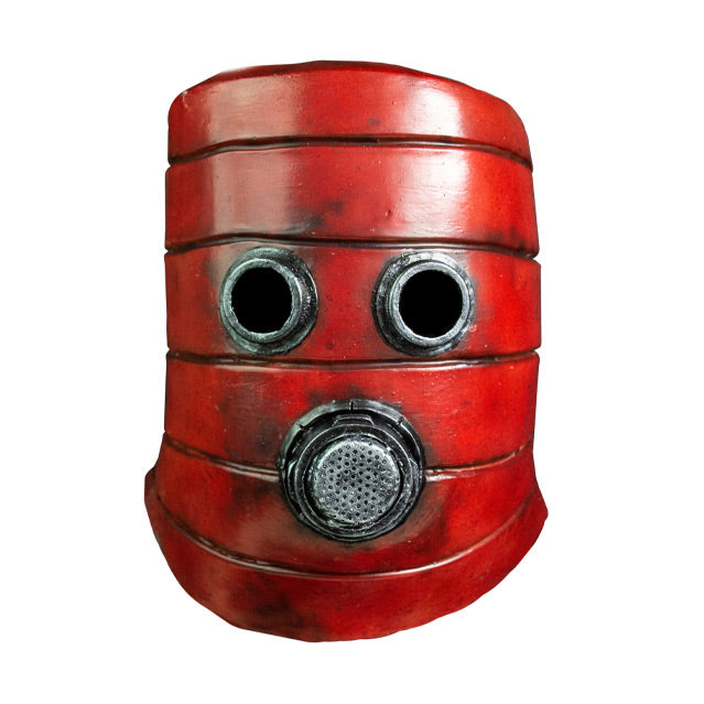 Mask, front view.  Red distressed, cylindrical, helmet-like mask.  Two silver metallic circles for eyes.  Mouth is silver metallic circle with metallic filter.  