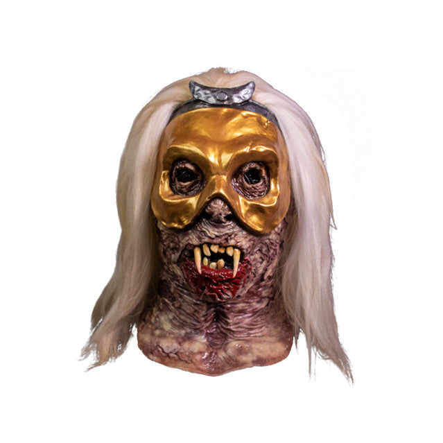 Mask, front view, head and neck.  White hair, wrinkled decaying skin, crooked teeth with fangs, blood coming from mouth, wearing a gold mask over the eyes with silver crescent moon at the top.