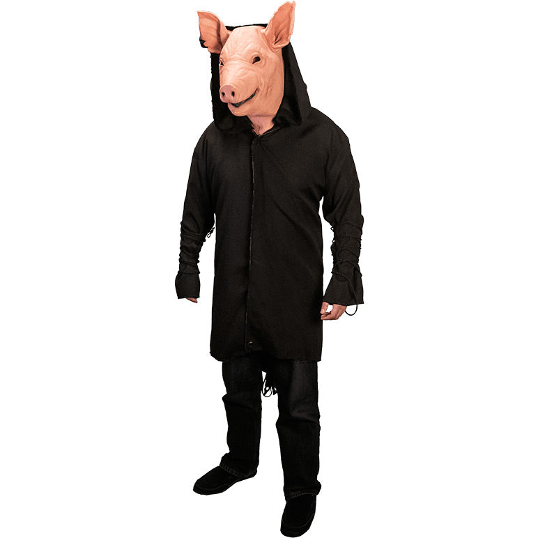 Person in pig mask wearing Spiral From the Book of Saw coat, black pants and shoes.  Black Coat, oversized hood, lacing ties on sleeves and back.