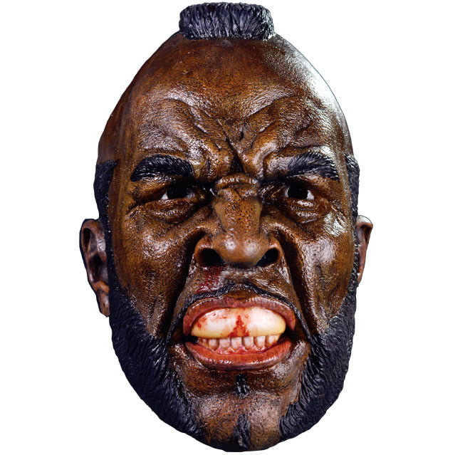 Mask, Mr. T as Clubber Lang, Black mohawk, eyebrows, sideburns, beard and moustache.  Grimacing face, mouth open showing mouthguard and bottom teeth.