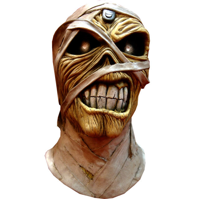 Mask, head and neck, front view.  Iron Maiden Eddie, tan skin large black eyes with highlights, scowling mouth with large white teeth, bandages on head face and neck.