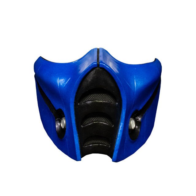 Mask, front view.  Blue and black, covers nose and mouth.