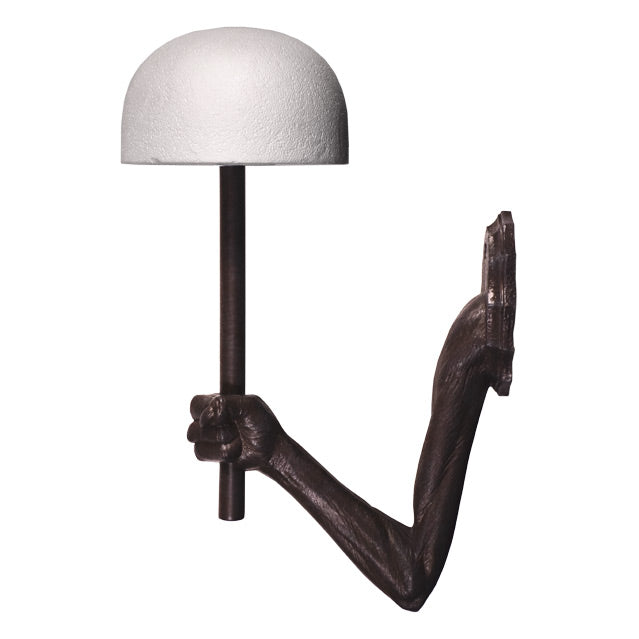 Mask wall hanger.  Bronze finish, Arm coming from wall mount piece, holding pole topped with styrofoam dome for mask display.
